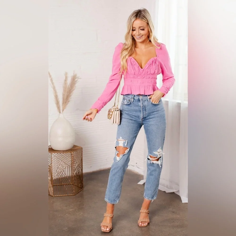 FREE PEOPLE Chloe Top in Aurora Pink Sz Sm ~ needs light repair